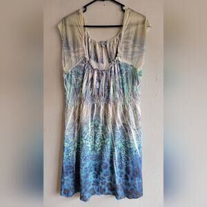 Women's XL tunic long shirt blue green sublimated design short sleeve empire